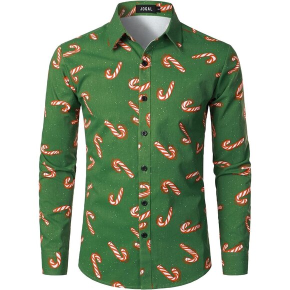 Men's Greencandy Christmas Sirts Claus Party Long Sleeve Button Down Shirts - Picture 1 of 7